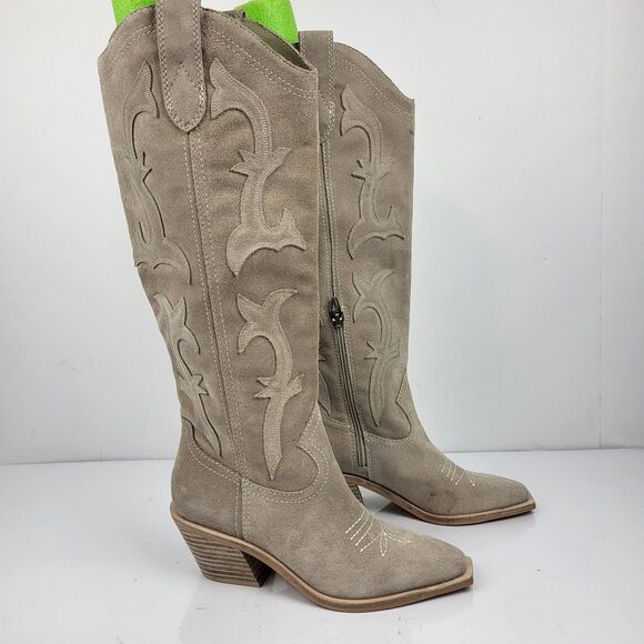Dolce Vita Samare Western Cowgirl Light Beige Suede Tall Boots Size 5 - Picture 5 of 16